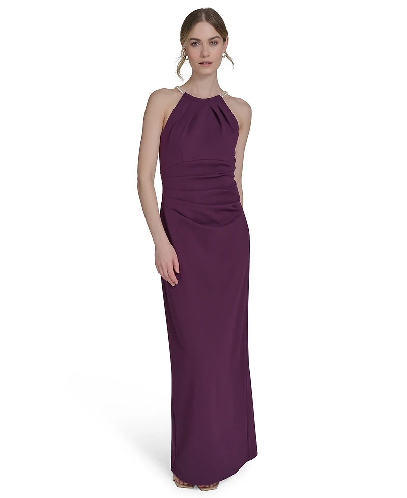 Eliza J Petite Scuba Crepe Halter Side-Tuck Gown