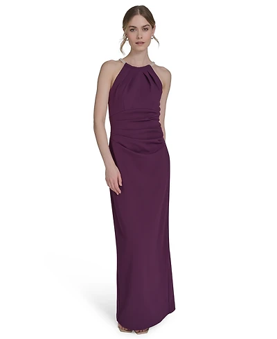 Eliza J Petite Scuba Crepe Halter Side-Tuck Gown