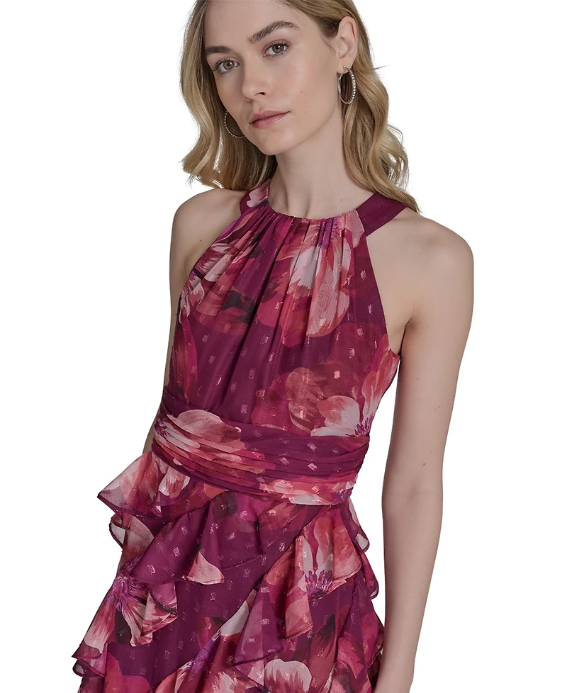 Eliza J Petite Printed Chiffon Ruffled-Skirt Halter Gown