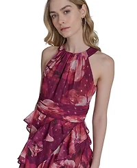 Eliza J Petite Printed Chiffon Ruffled-Skirt Halter Gown