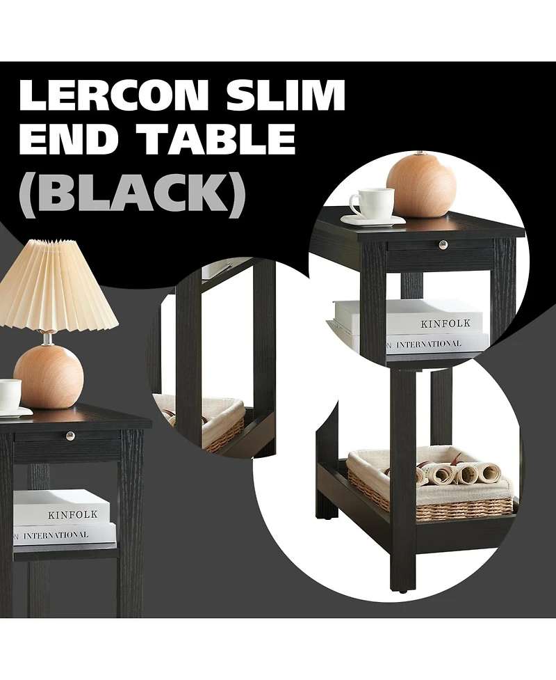 Kings Brand Furniture Slim Wood Side End Table with Storage Shelves & Pull-Out Tray, Nightstand for Bedroom, Living Room