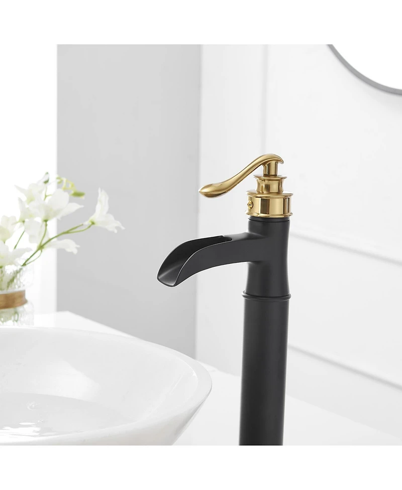 Waterfall Single Hole Handle Bathroom Vessel Sink Faucet With Pop Up Drain Matte Black