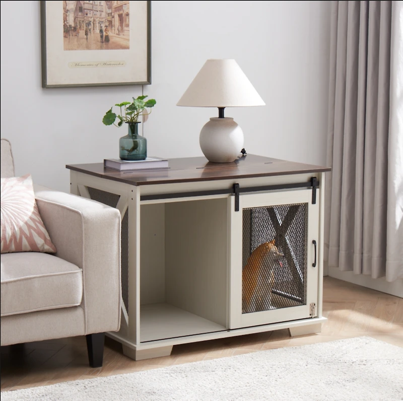 Dog Cage Crate Storage Cabinet with Sliding Barn Door