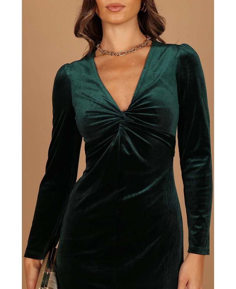 Womens Lisse Twist Front Long Sleeve Velvet Midi Dress - Emerald