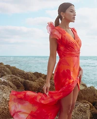 Xscape Petite Flutter-Sleeve High-Low Dress