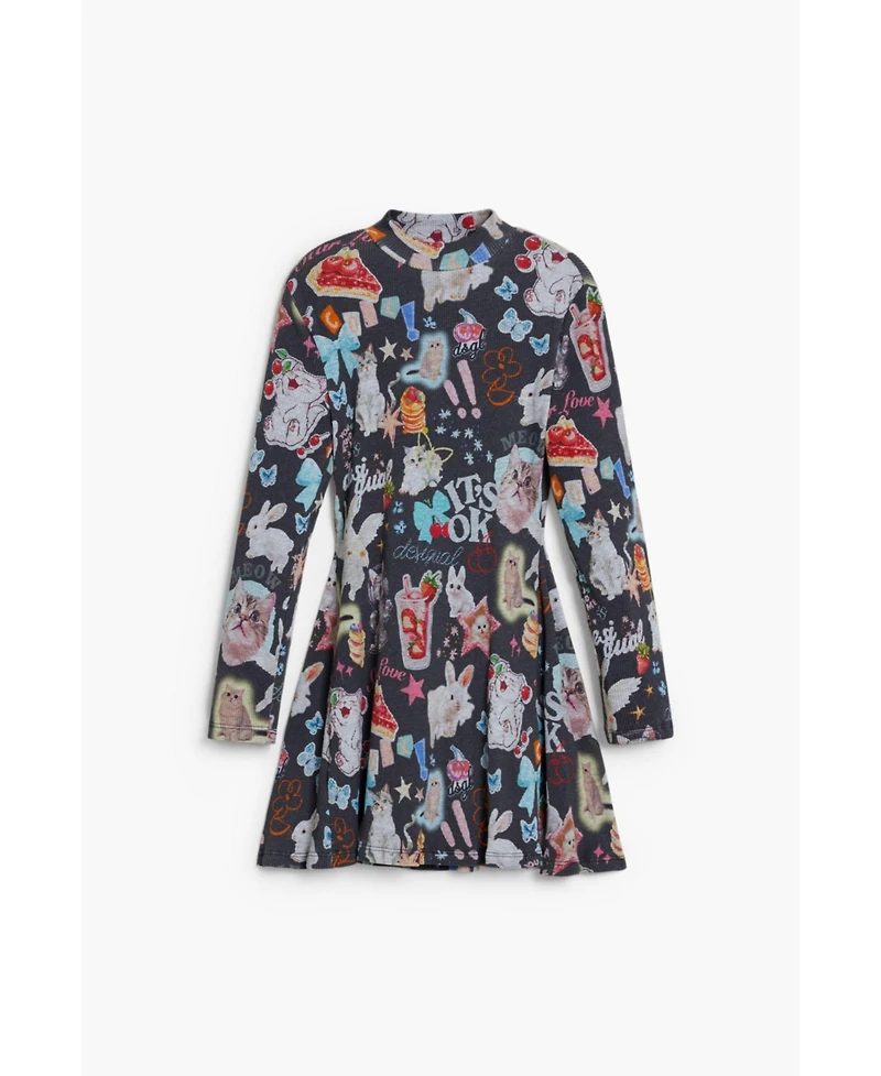 Desigual Girls's Long sleeve cat skater dress