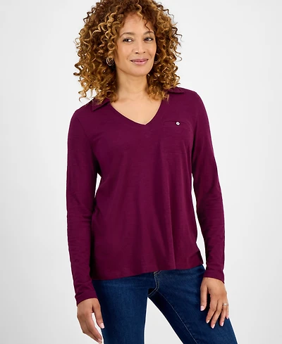 Style & Co Women's Collared V-Neck Long-Sleeve Knit Top, Exclusively at Macy's