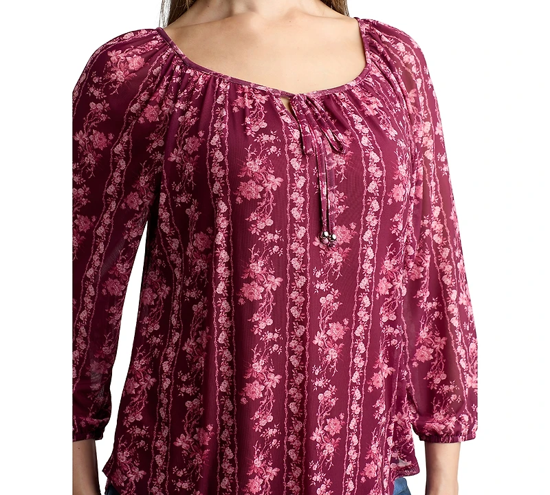 Bcx Juniors' 3/4-Sleeve Printed Mesh Peasant Top