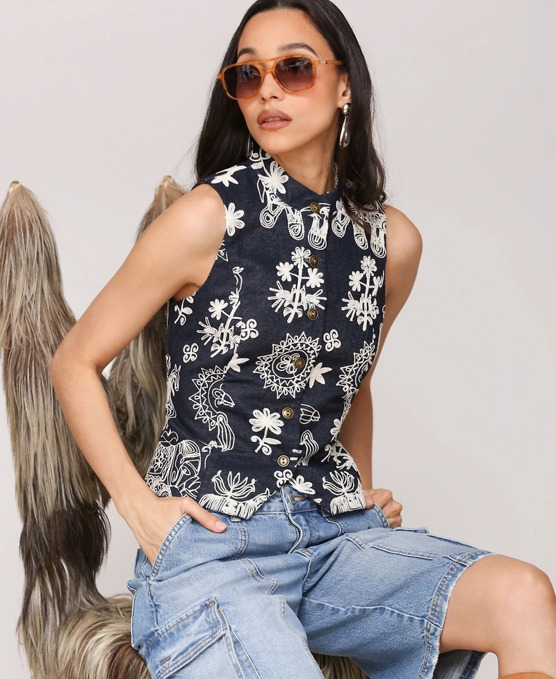 Avec Les Filles Women's Soutache Denim Button-Front Vest