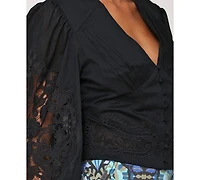 Avec Les Filles Women's Cotton Pintuck Lace-Trim Button-Front Blouse