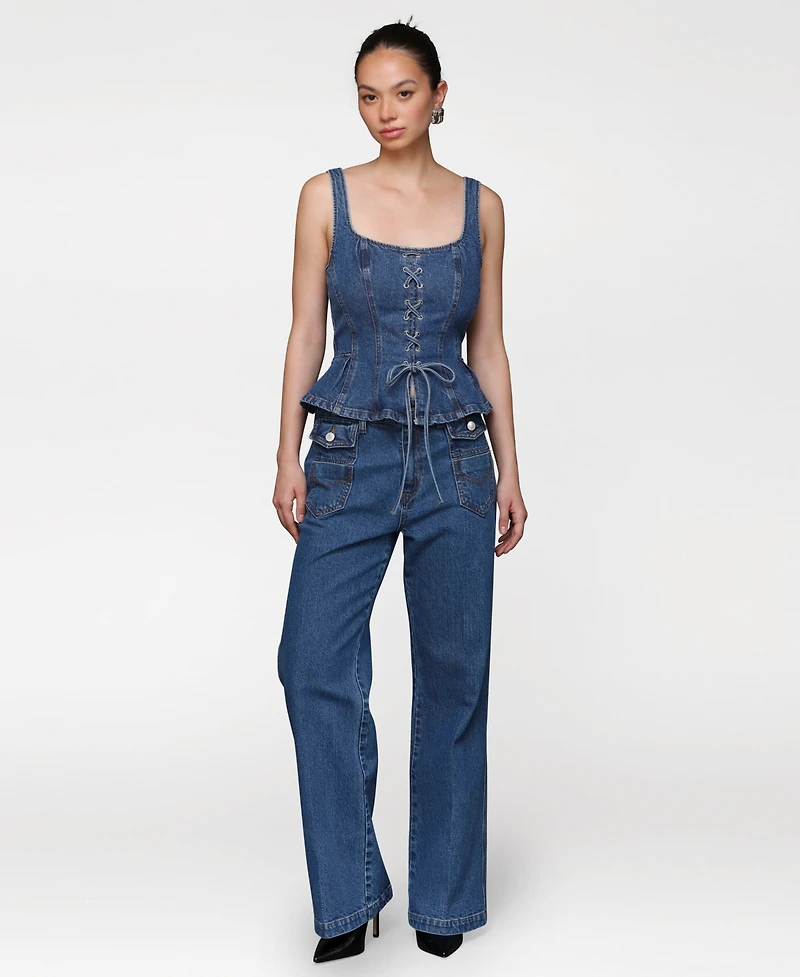Avec Les Filles Women's Denim Lace-Up Peplum Top