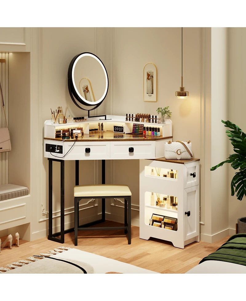 Vlsrka Farmhouse-style dressing table with mirror and lights, featuring a glass top.