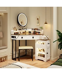 Vlsrka Farmhouse-style dressing table with mirror and lights, featuring a glass top.