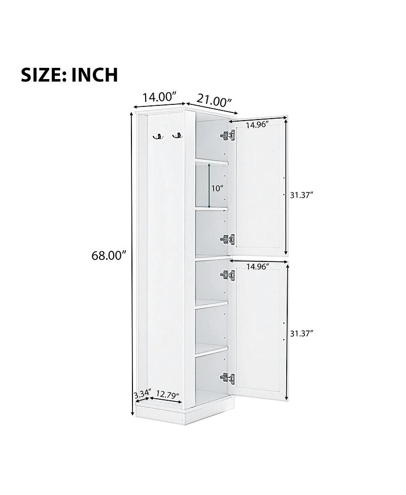 Casainc 68"H Tall Bathroom Cabinet with Hook and Adjustable Shelf, Freestanding Mdf