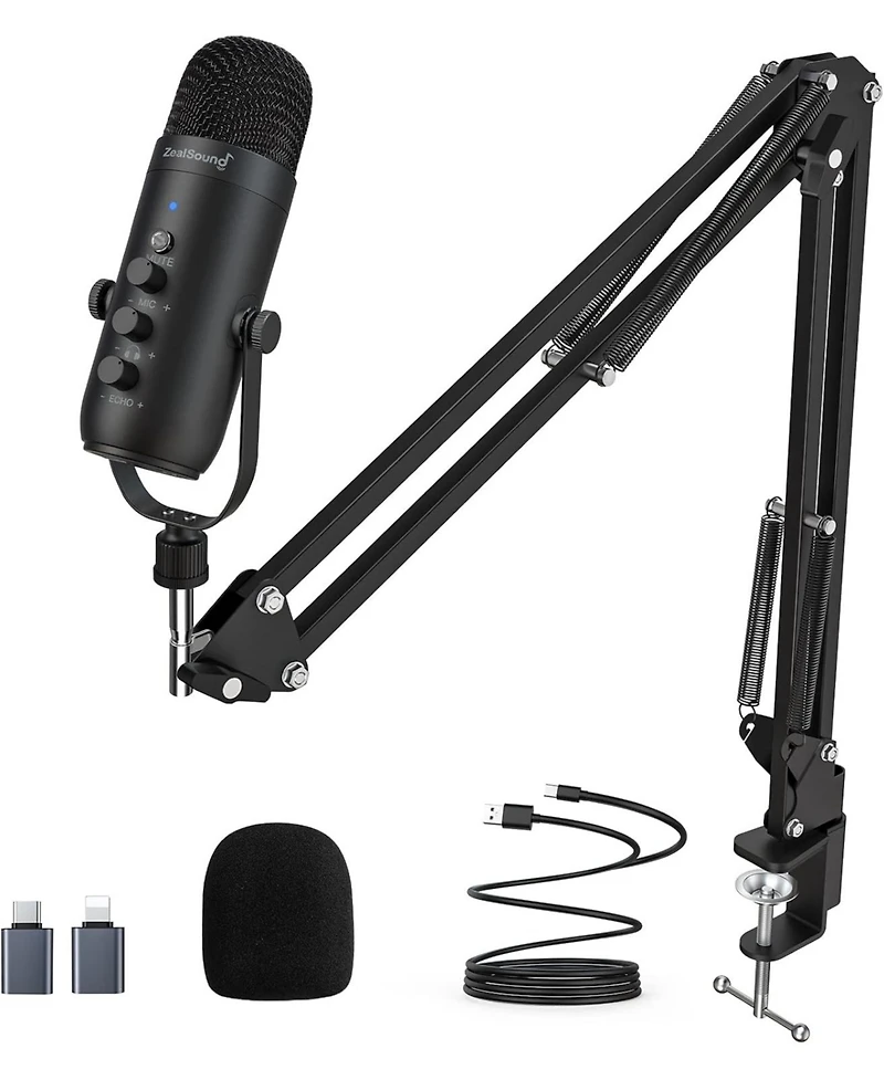 ZealSound Gaming Microphone Kit, Usb Mic w/ Boom Arm, Supercardioid Mic, Mute Button, Echo & Volume Gain Knob, Monitor for Phone Computer (Black)