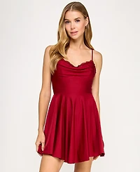 City Studios Juniors' Satin Lace-Trim Fit & Flare Dress