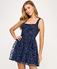 City Studios Juniors' Embroidered Mesh Fit & Flare Dress