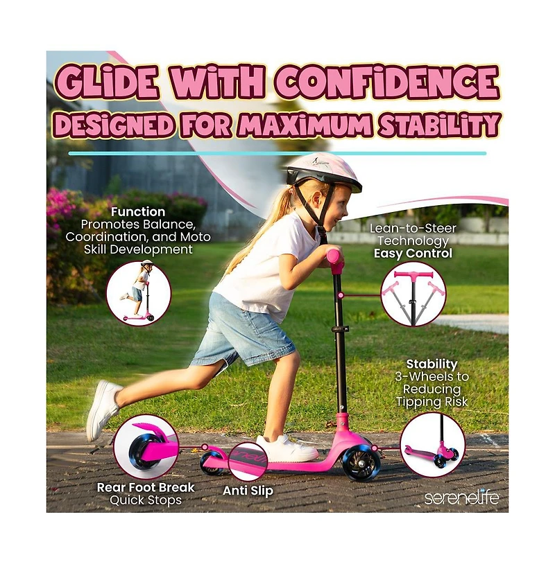 3-Wheel Foldable Kids Scooter - Child Toy Scooter with Built-in Led Wheel Lights, and Easy Maneuvering Lean-to-Steer Technology (Pink)