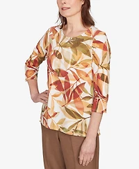 Alfred Dunner Women's Leaf Pleated Floral Crew Neck Top
