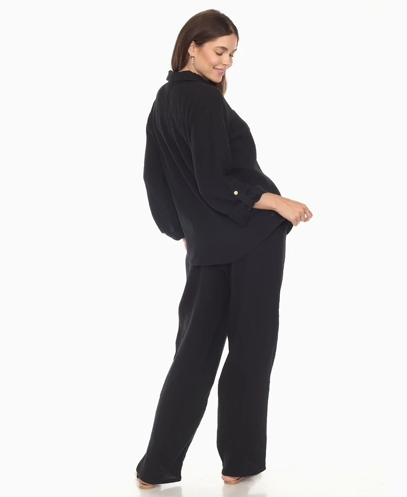 White Mark Women's Long Sleeve Button Down Cotton Gauze Set