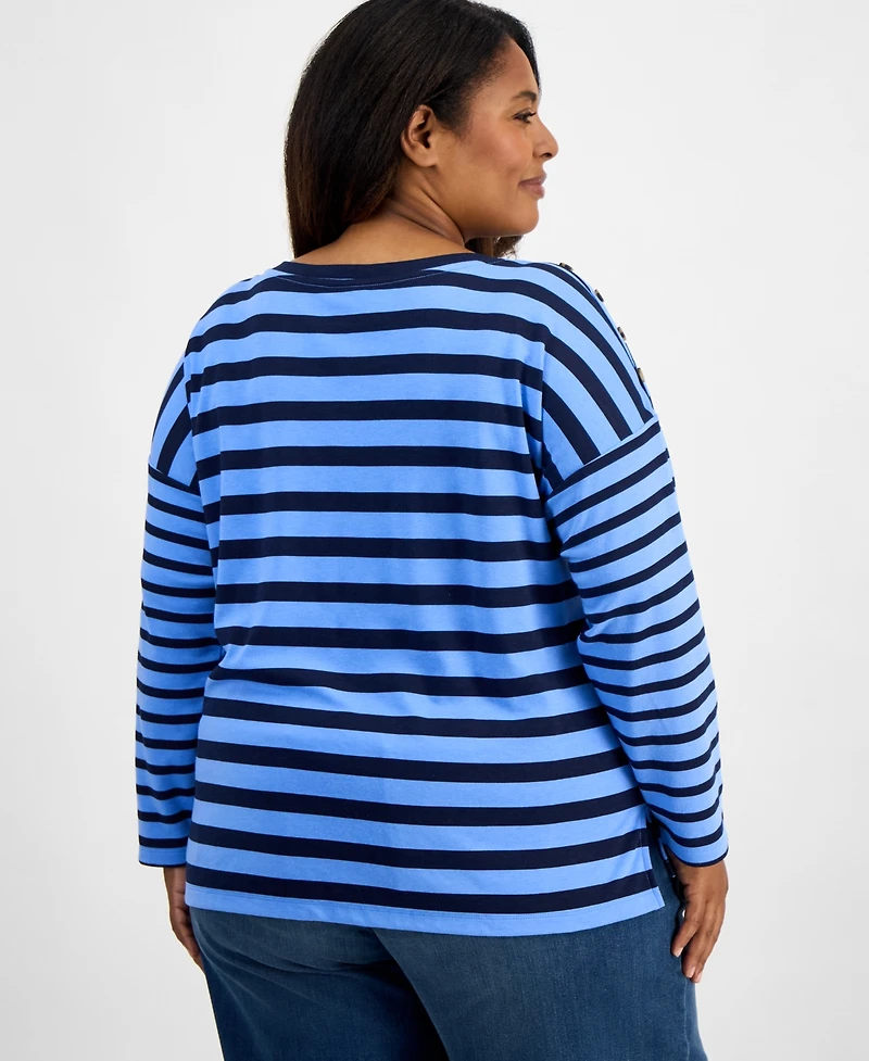 Style & Co Plus Button-Trim Striped Knit Top, Macy's Exclusive