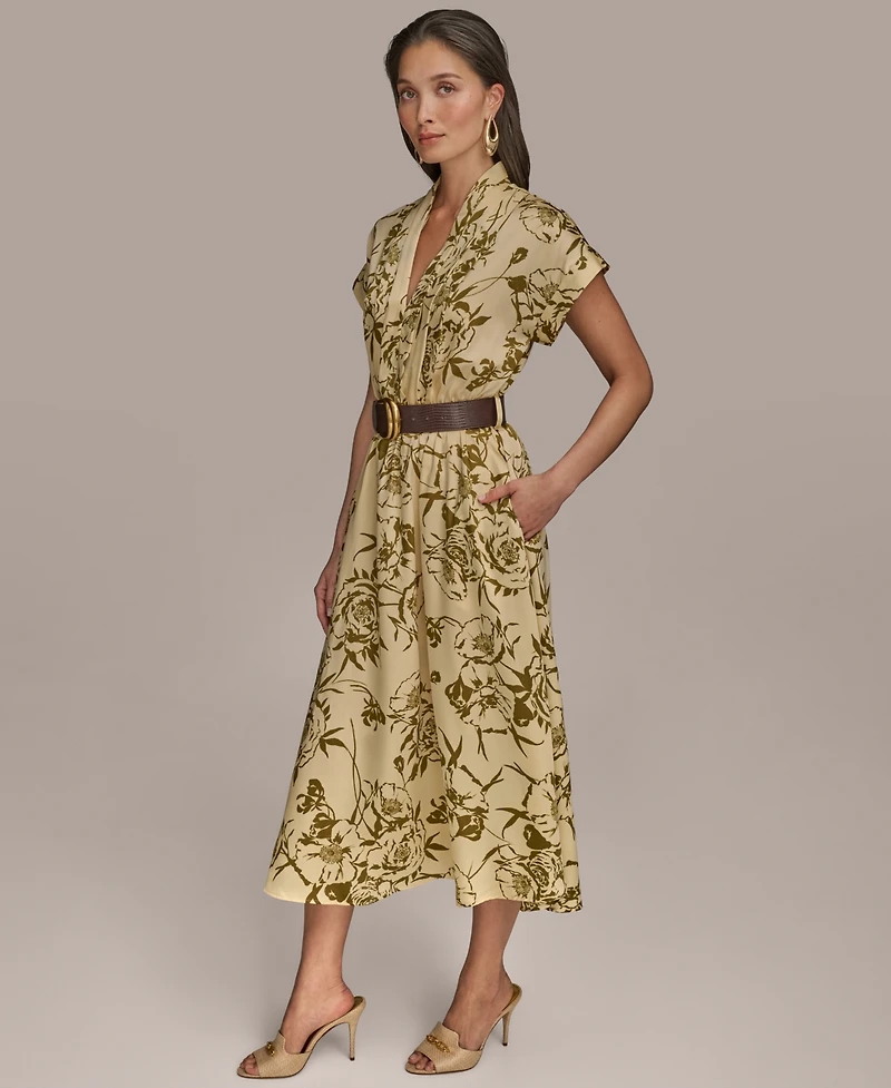Donna Karan New York Women's Floral-Print Belted A-Line Midi Dress