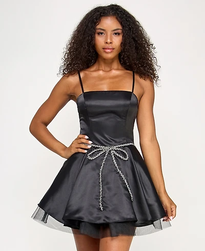 Seni & Cade Juniors' Beaded-Bow-Trim Satin Fit Flare Dress