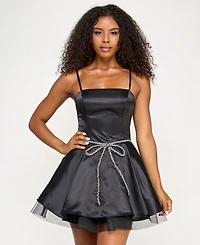 Seni & Cade Juniors' Beaded-Bow-Trim Satin Fit Flare Dress