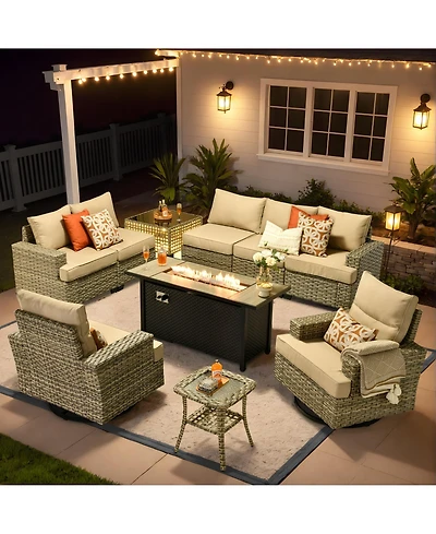 Xizzi 10 Pieces Outdoor Patio Furniture Set,Rattan Sectional Sofa Couch,Outside Coversation Set with Swivel Chairs,54" Fire Pit and Solar Coffee Table