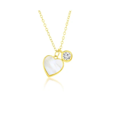 Caribbean Treasures Sterling Silver Mop Heart & Bezel-Set Cz Necklace