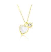 Caribbean Treasures Sterling Silver Mop Heart & Bezel-Set Cz Necklace