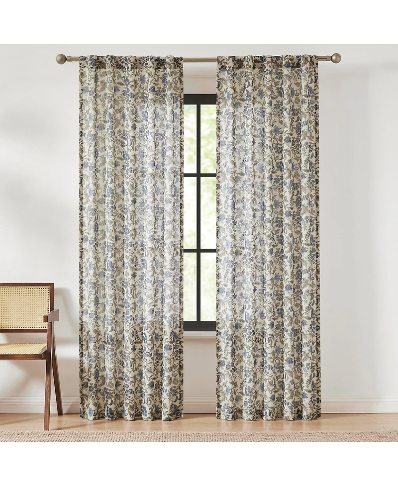 Lillian Block Print Linen Textured Window Curtain Panels Blue/Sage Pair 37x84