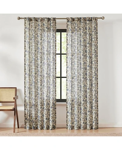 Lillian Block Print Linen Textured Window Curtain Panels Blue/Sage Pair 37x84