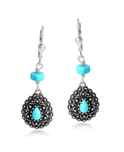 American West Jewelry Sterling Silver Kingman Turquoise Pear-Shaped Concha Lever Back Earrings