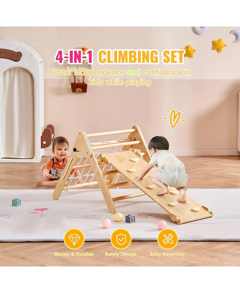 Slickblue Toddler 4 in 1 Climbing Set with Wooden Pikler Triangle Ramp and Arch for Indoors