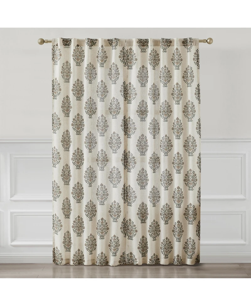 Sofia Flower Block Bouquet Linen Textured Window Curtain Panels Clay/Teal Pair 37x84