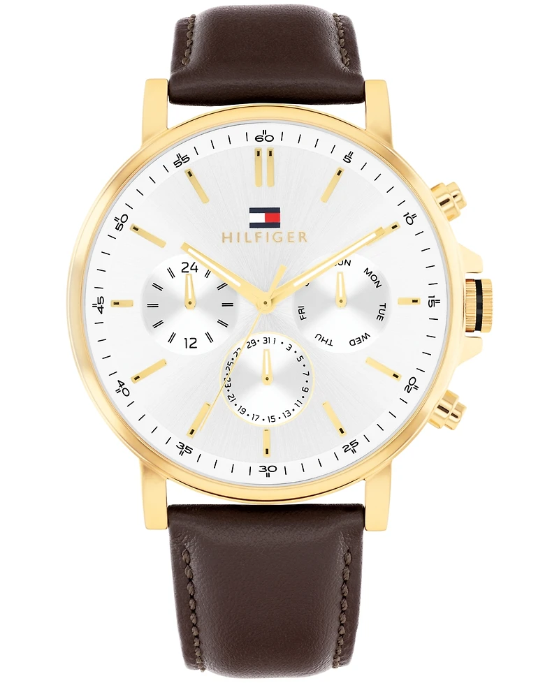 Tommy Hilfiger Men's Multifunction Brown Leather Strap Watch, 43mm