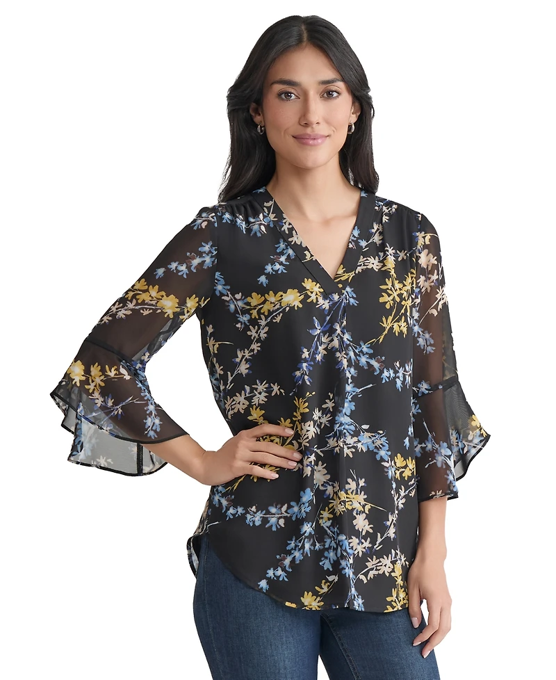 Jones New York Women's Sheer-Flutter-Sleeve Y-Neck Blouse