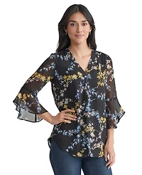 Jones New York Women's Sheer-Flutter-Sleeve Y-Neck Blouse