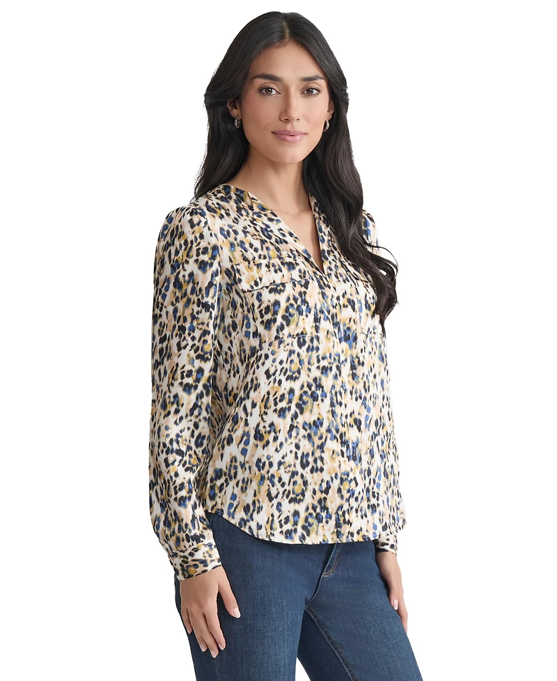 Jones New York Women's Animal-Print Flap-Pocket Long-Sleeve Top