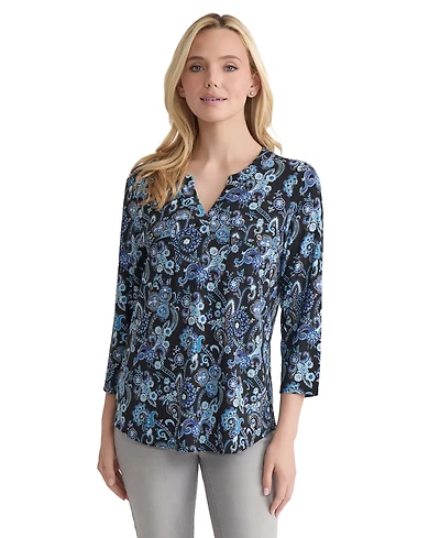 Jones New York Women's Paisley-Print 3/4-Sleeve Flap-Pocket Knit Top