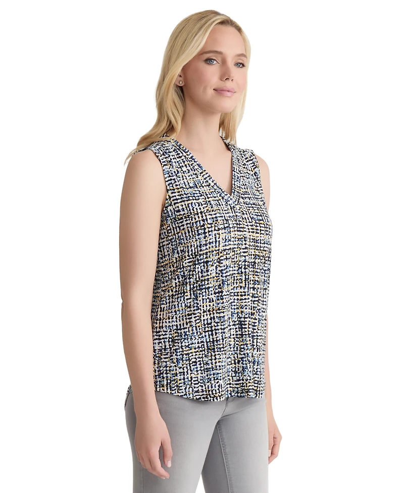 Jones New York Women's Printed Pleat-Front V-Neck Sleeveless Top