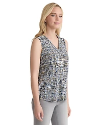 Jones New York Women's Printed Pleat-Front V-Neck Sleeveless Top