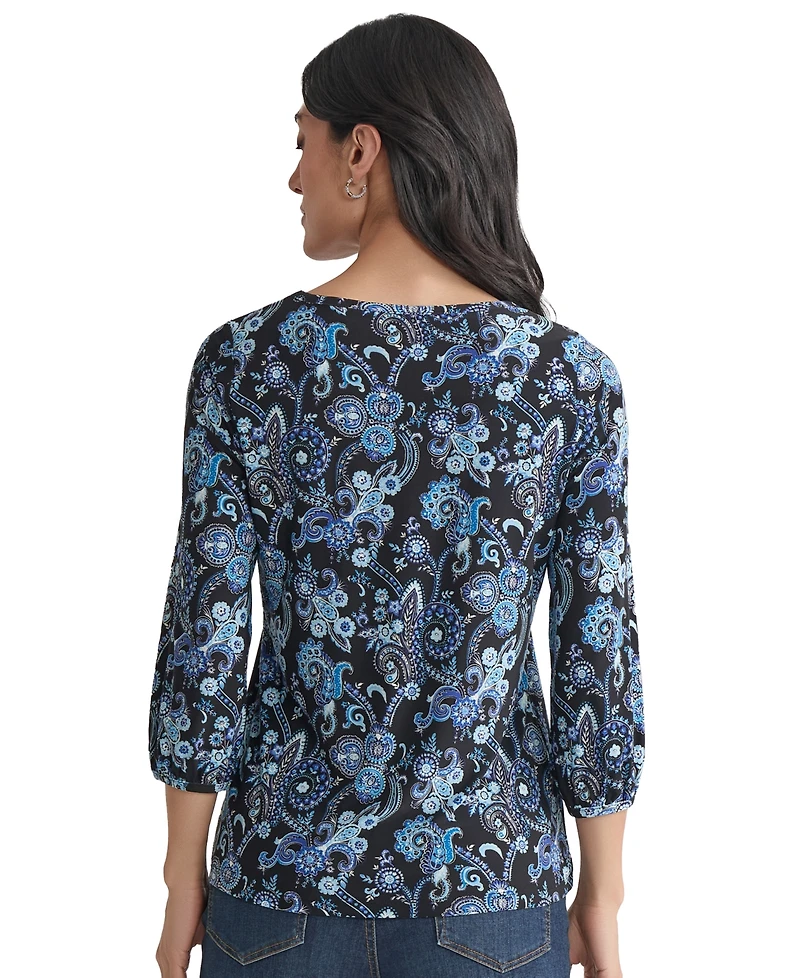 Jones New York Women's Paisley-Print Puff-Sleeve Crewneck Top