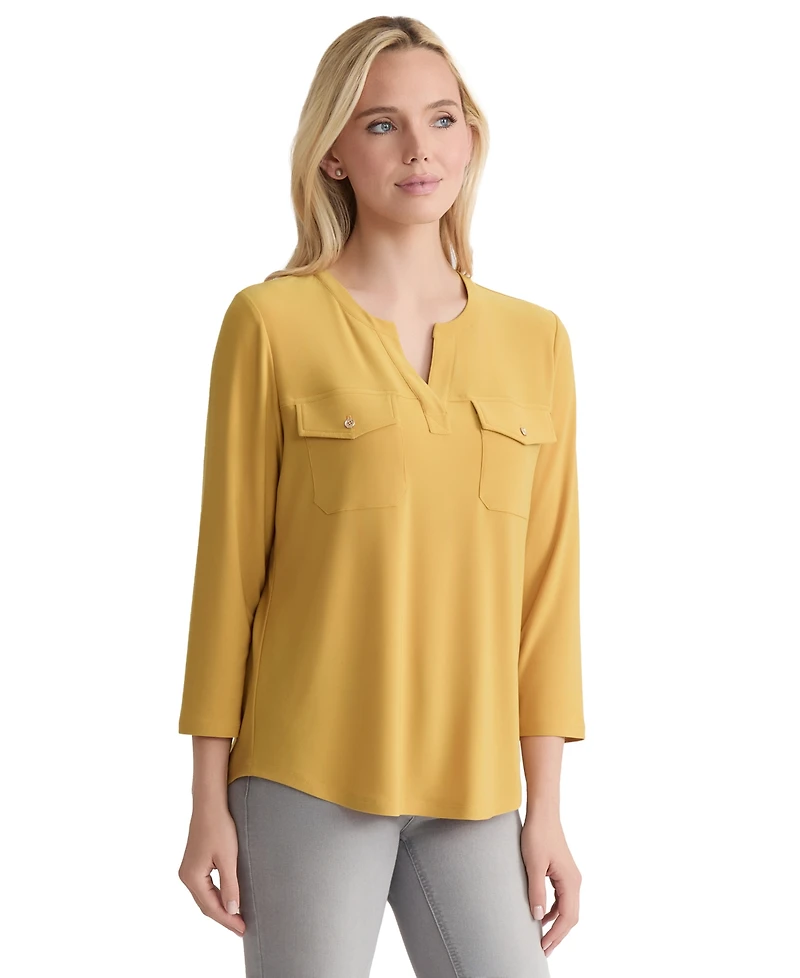 Jones New York Women's Solid 3/4-Sleeve Flap-Pocket Top