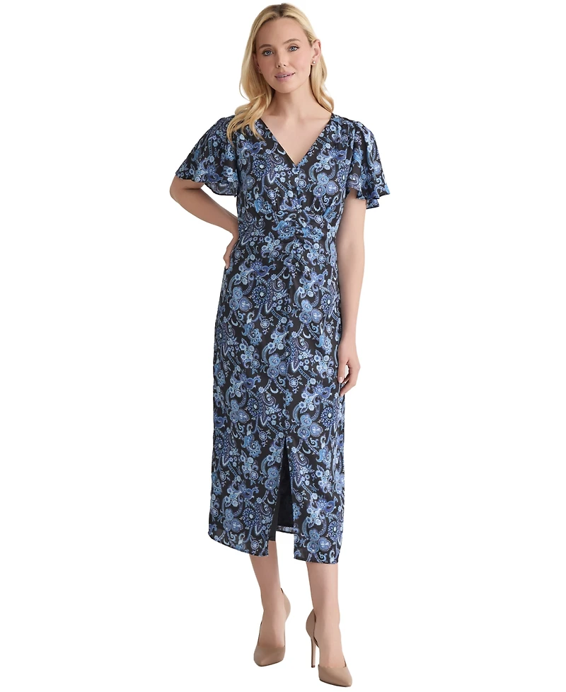 Jones New York Women's Printed Shirred Flutter-Sleeve Midi Dress