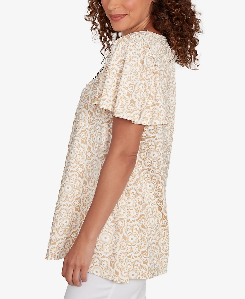 Ruby Rd. Plus Size Beaded Macrame Puff Print Top