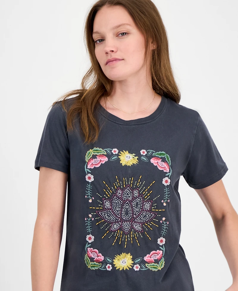 Lucky Brand Women's Beaded Lotus Crewneck Cotton T-Shirt