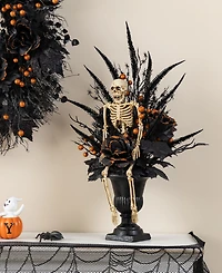 Glitzhome 22" Halloween Black Rose, Skeleton and Berry Urn Table Tree