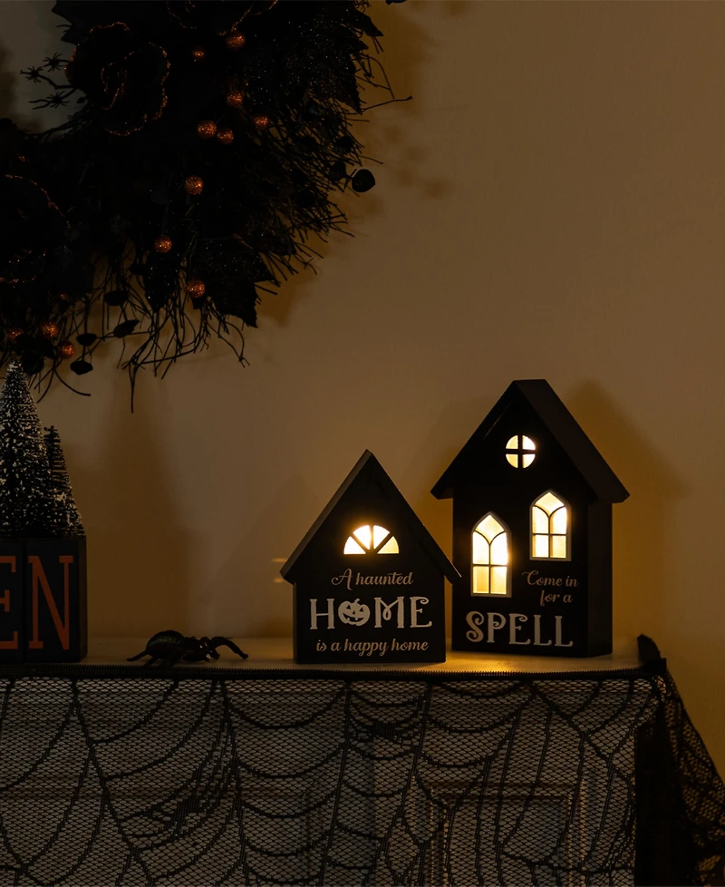 Glitzhome Lighted Halloween Wooden House-shaped Table Decor, Set of 2